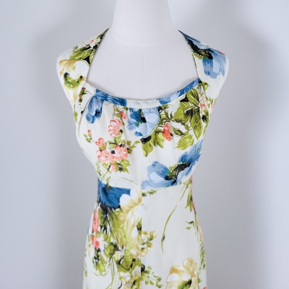 70's A-Line Floral Dress Hawaiian Square Neck Halter Cap Sleeves Full Circle - Picture 13 of 16
